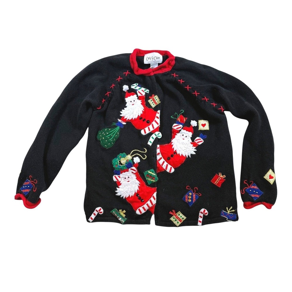 Vintage Carly St Claire Christmas‎ Sweater Cardigan Santa Applique Ramie Small